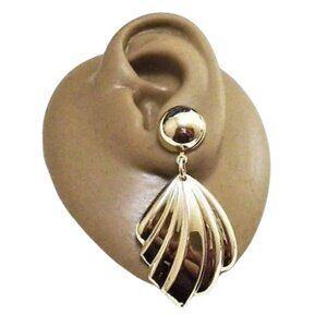 Feather Disc Hoop Pierced Post Stud Earrings Gold Tone
